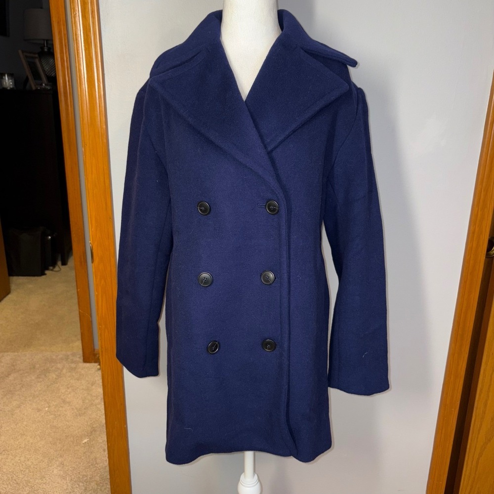 NWT Anthropologie Maeve wool blend Navy Blue modern Double‎ Breasted Peacoat XS